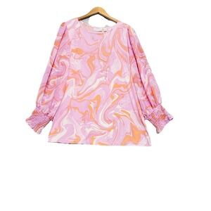 SUSAN GRAVER Top Size 1X Liquid Knit Pink Watercolor Marble Artsy Eclectic Flowy
